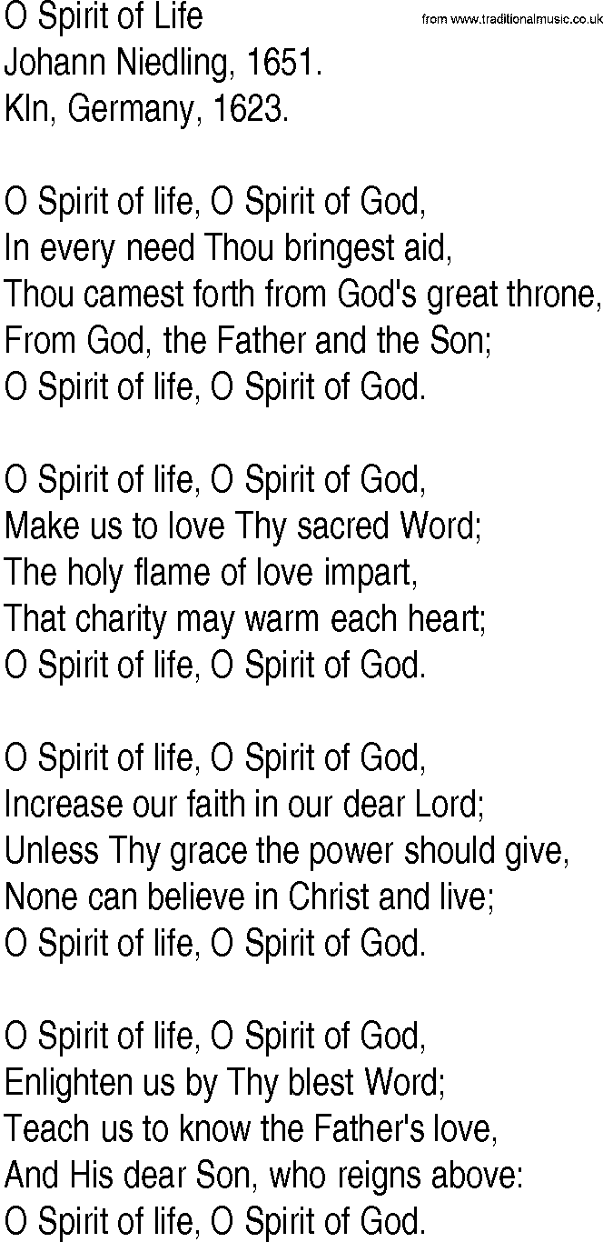 Hymn and Gospel Song: O Spirit of Life by Johann Niedling lyrics