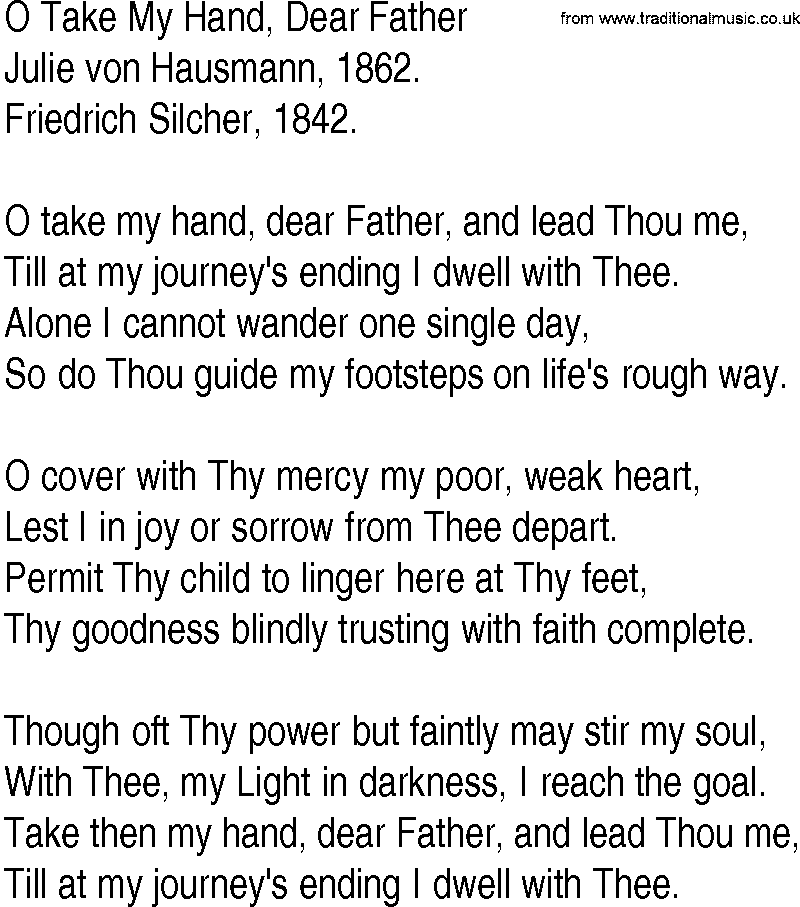 Hymn and Gospel Song: O Take My Hand, Dear Father by Julie von Hausmann lyrics