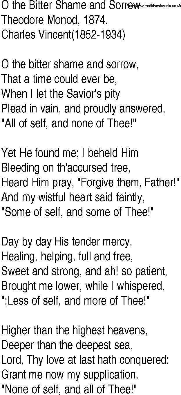 Hymn and Gospel Song: O the Bitter Shame and Sorrow by Theodore Monod lyrics