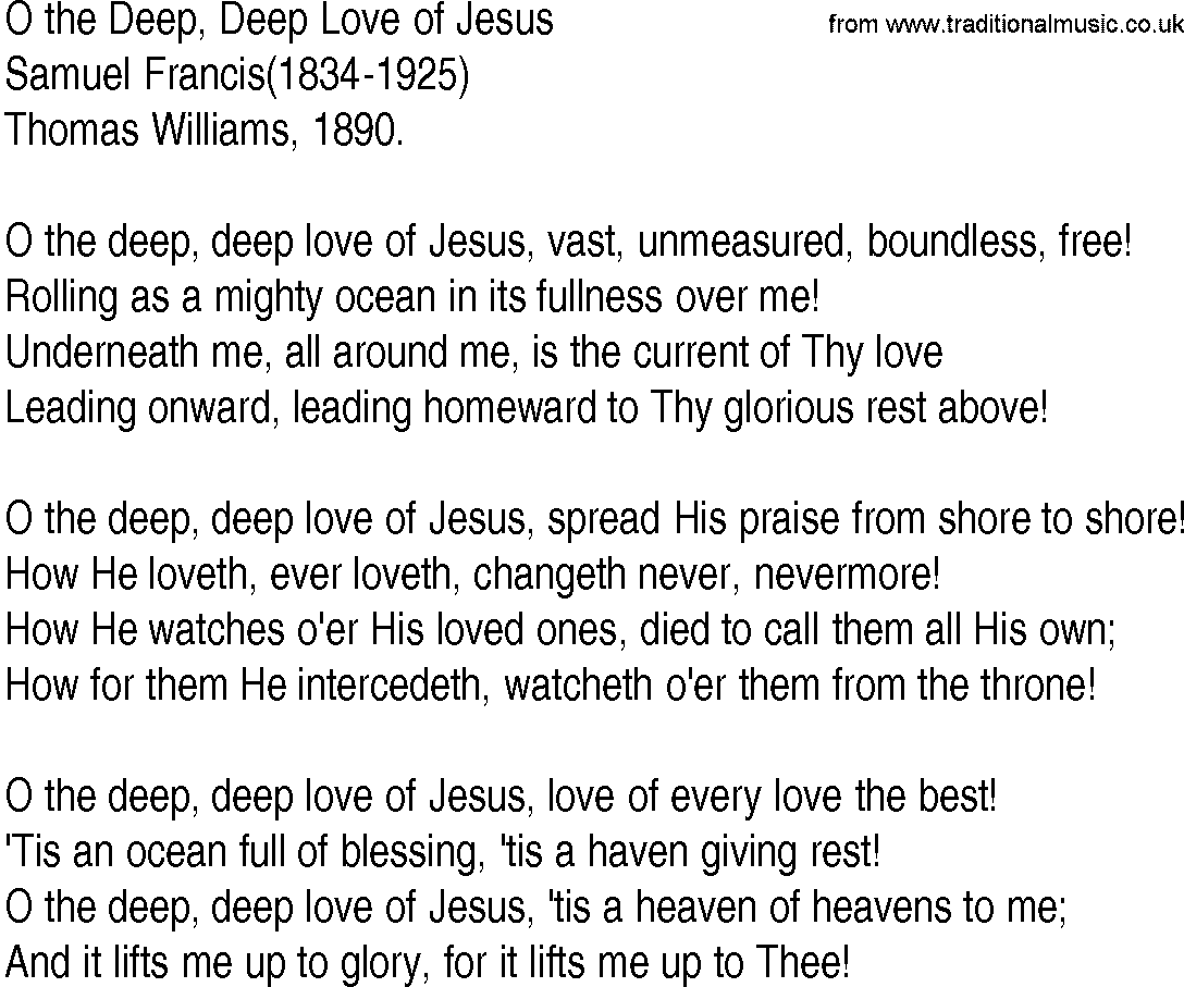 Hymn and Gospel Song: O the Deep, Deep Love of Jesus by Samuel Francis lyrics