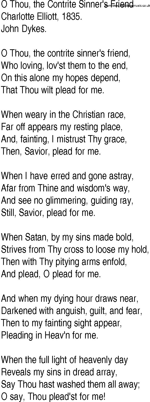 Hymn and Gospel Song: O Thou, the Contrite Sinner's Friend by Charlotte Elliott lyrics