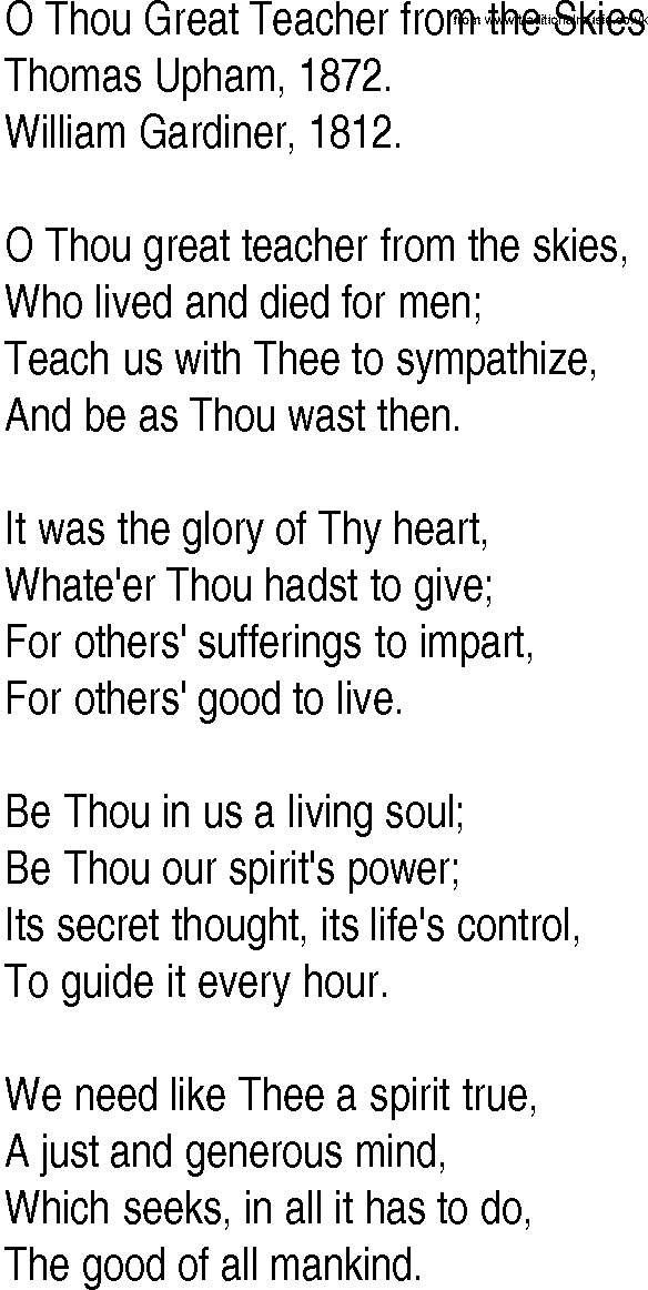 Hymn and Gospel Song: O Thou Great Teacher from the Skies by Thomas Upham lyrics