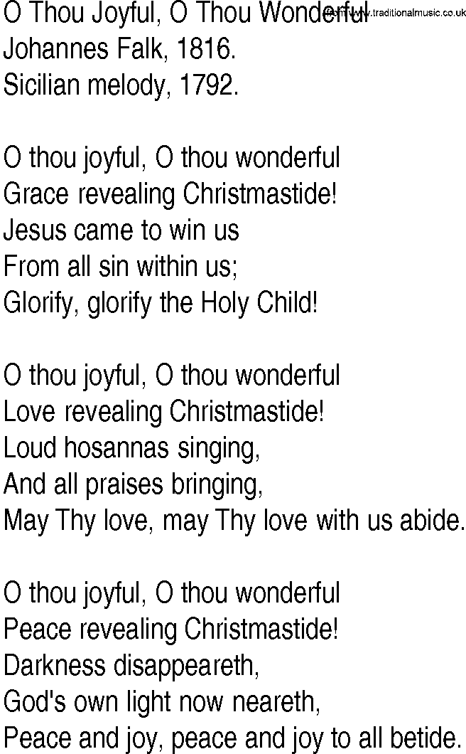Hymn and Gospel Song: O Thou Joyful, O Thou Wonderful by Johannes Falk lyrics