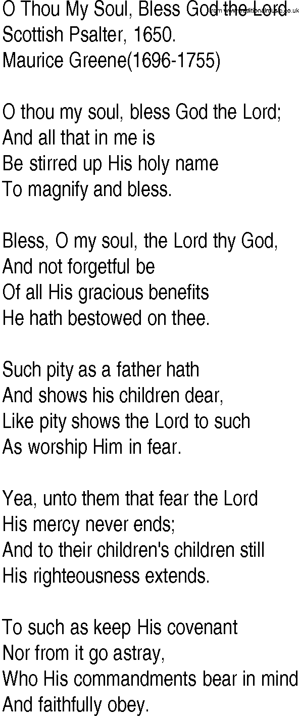 Hymn and Gospel Song: O Thou My Soul, Bless God the Lord by Scottish Psalter lyrics