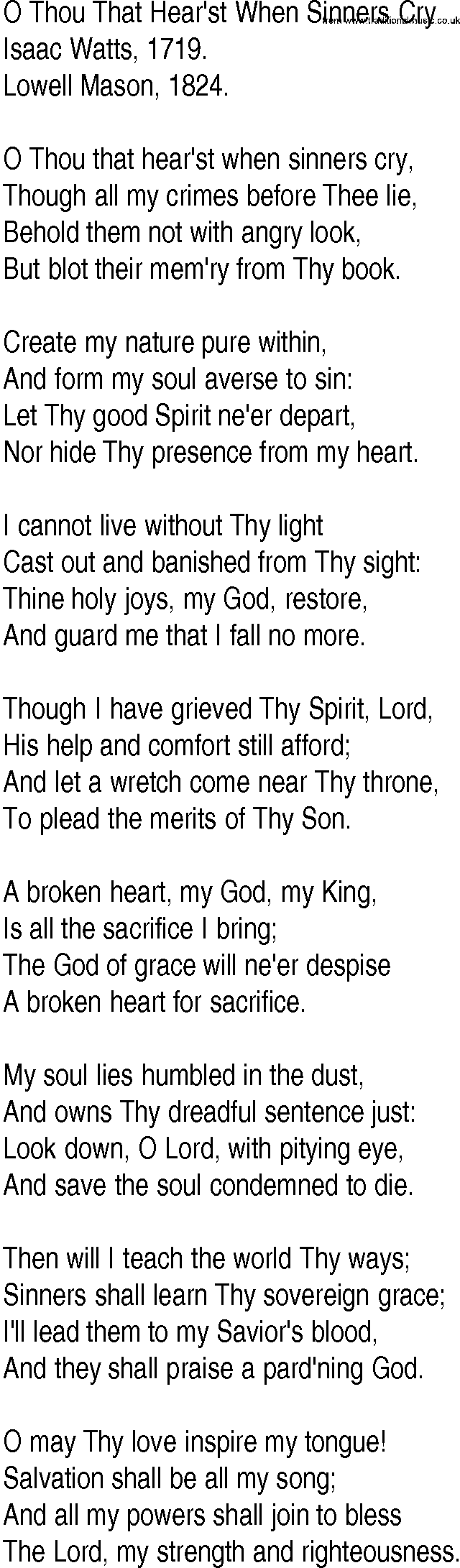 Hymn and Gospel Song: O Thou That Hear'st When Sinners Cry by Isaac Watts lyrics