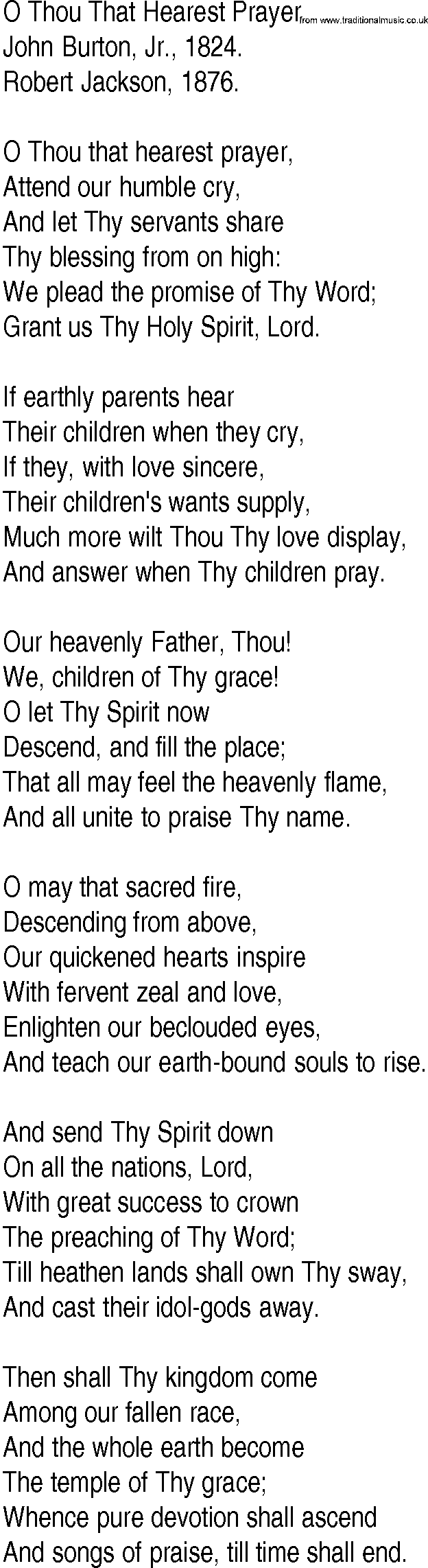 Hymn and Gospel Song: O Thou That Hearest Prayer by John Burton Jr lyrics