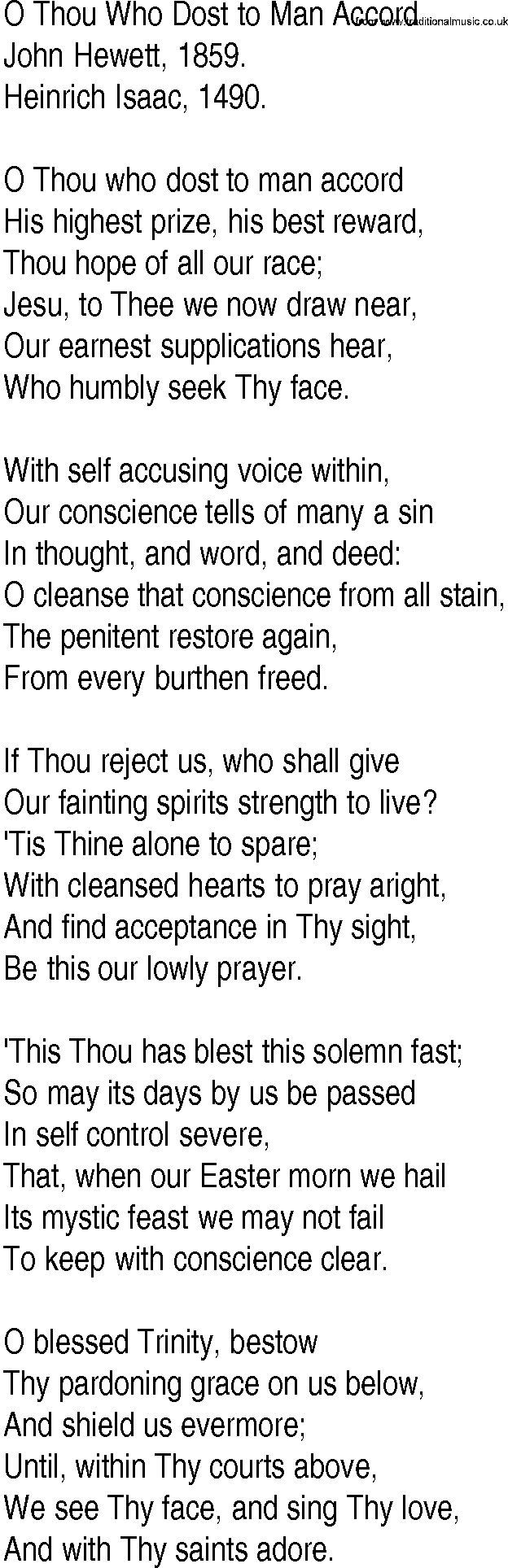 Hymn and Gospel Song: O Thou Who Dost to Man Accord by John Hewett lyrics