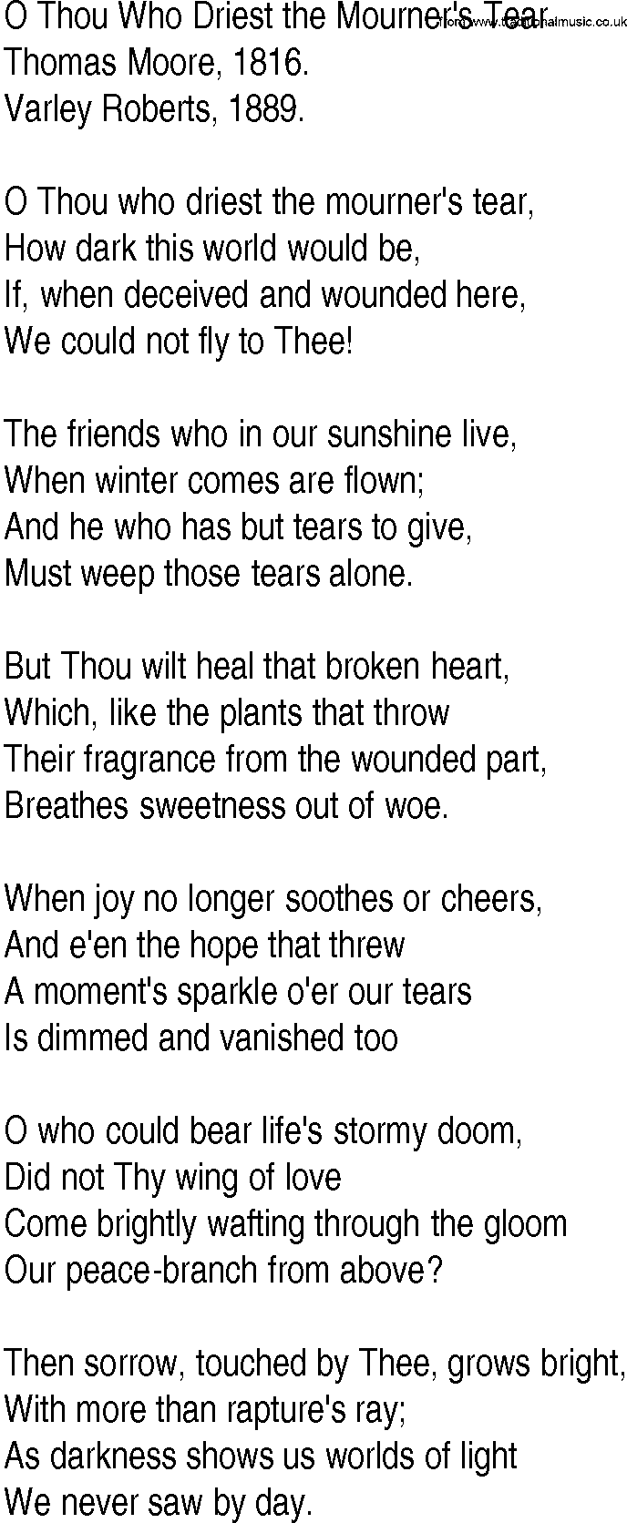 Hymn and Gospel Song: O Thou Who Driest the Mourner's Tear by Thomas Moore lyrics