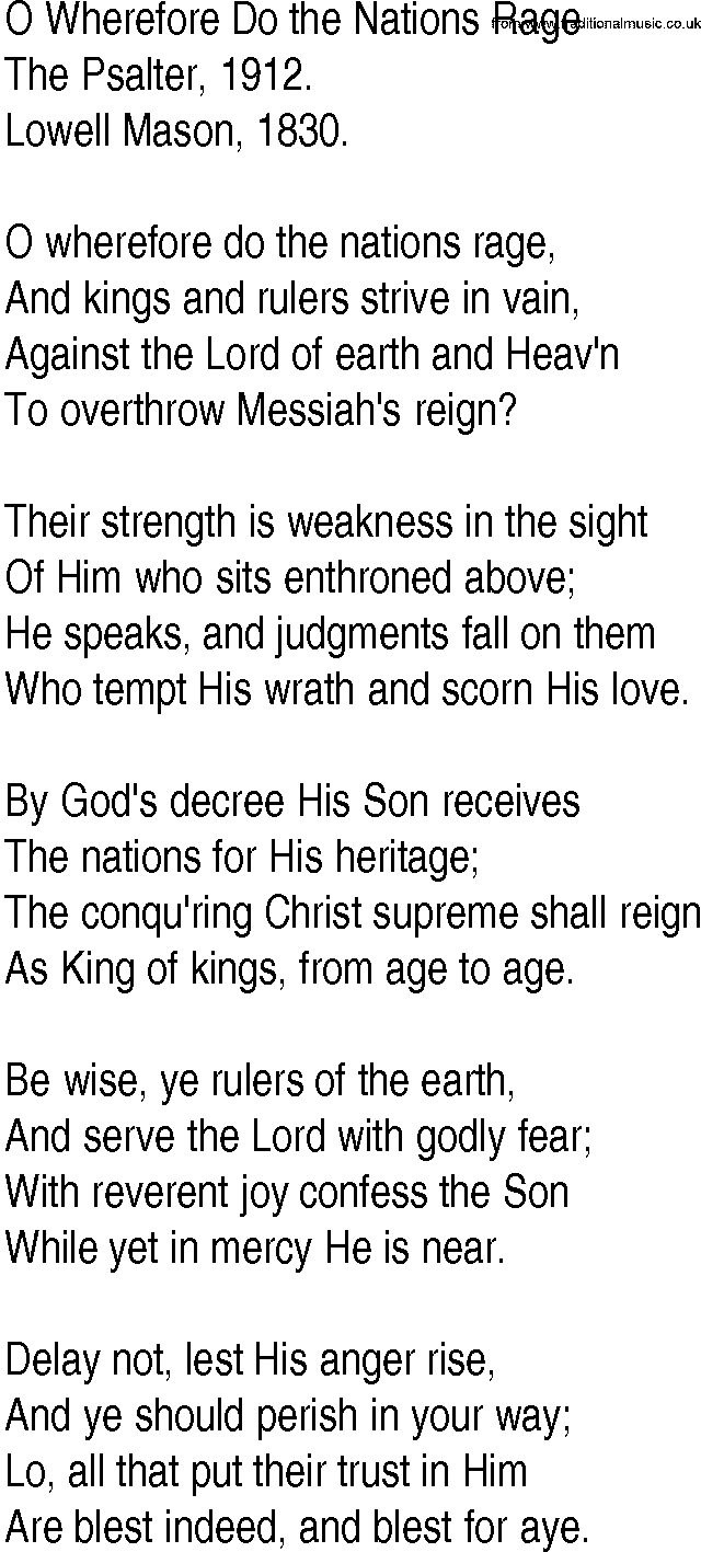 Hymn and Gospel Song: O Wherefore Do the Nations Rage by The Psalter lyrics