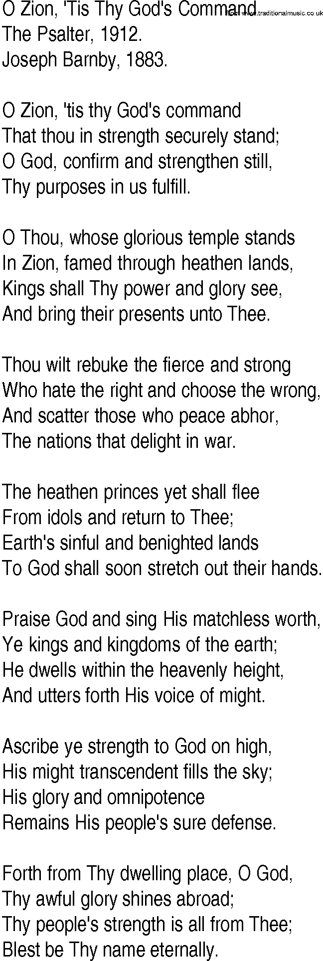 Hymn and Gospel Song: O Zion, 'Tis Thy God's Command by The Psalter lyrics