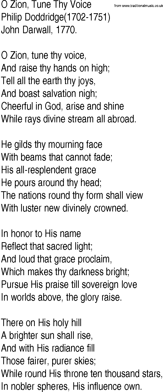 Hymn and Gospel Song: O Zion, Tune Thy Voice by Philip Doddridge lyrics