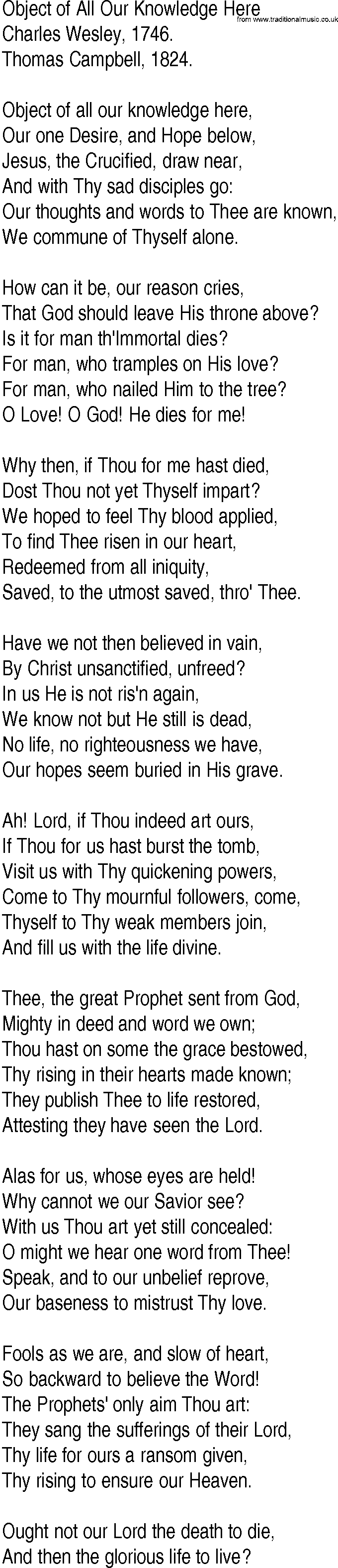 Hymn and Gospel Song: Object of All Our Knowledge Here by Charles Wesley lyrics