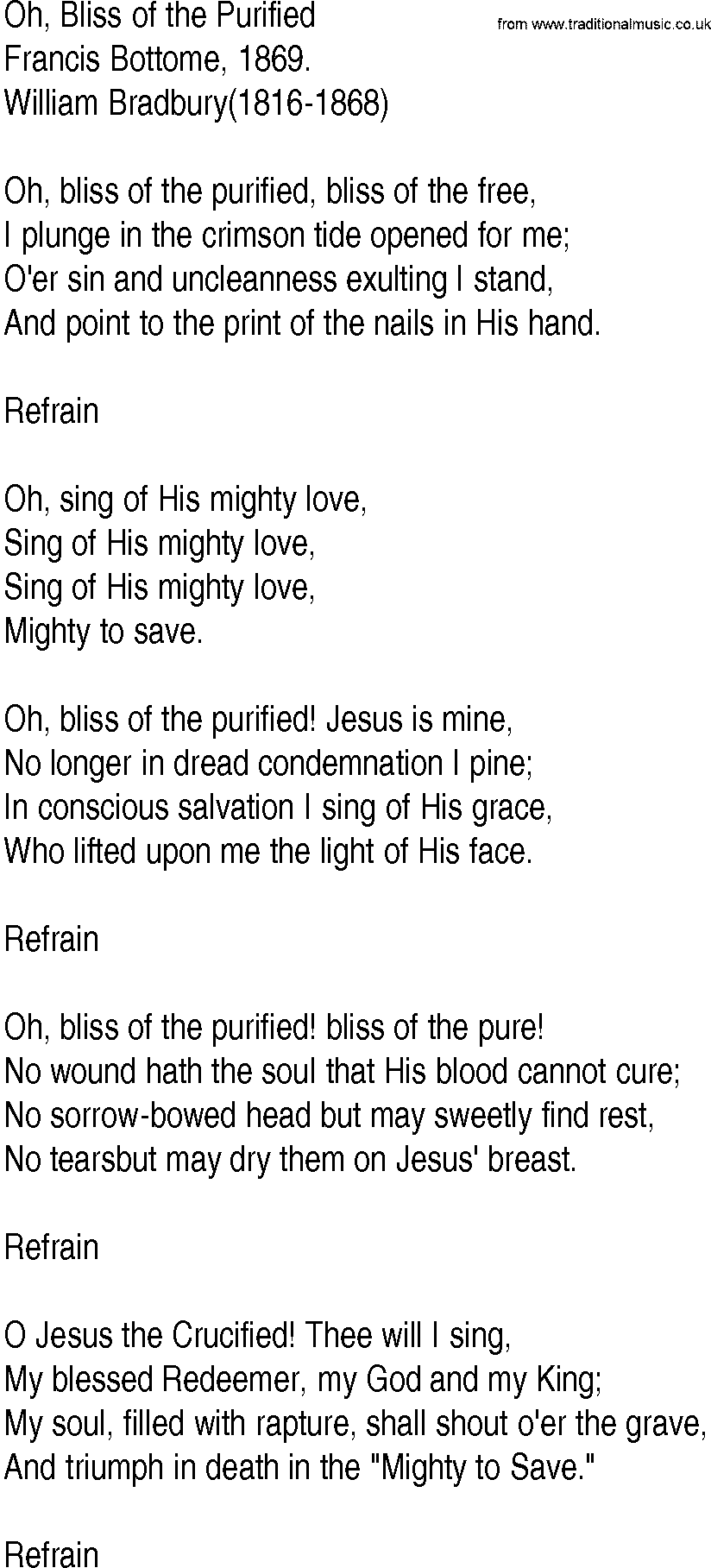 Hymn and Gospel Song: Oh, Bliss of the Purified by Francis Bottome lyrics