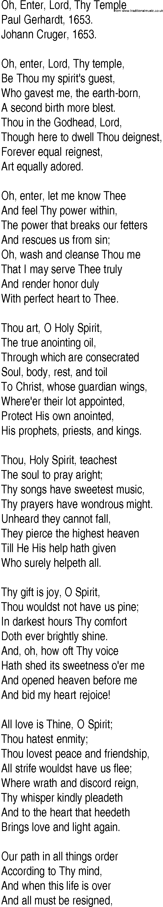 Hymn and Gospel Song: Oh, Enter, Lord, Thy Temple by Paul Gerhardt lyrics