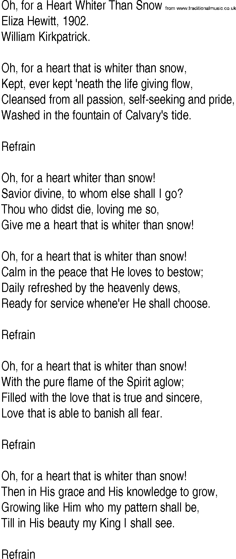 Hymn and Gospel Song: Oh, for a Heart Whiter Than Snow by Eliza Hewitt lyrics