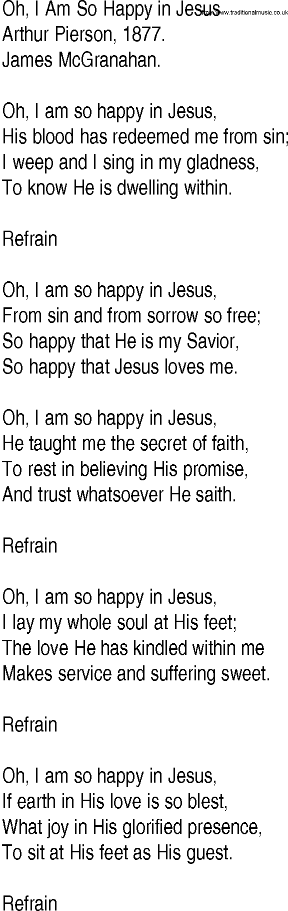 Hymn and Gospel Song: Oh, I Am So Happy in Jesus by Arthur Pierson lyrics