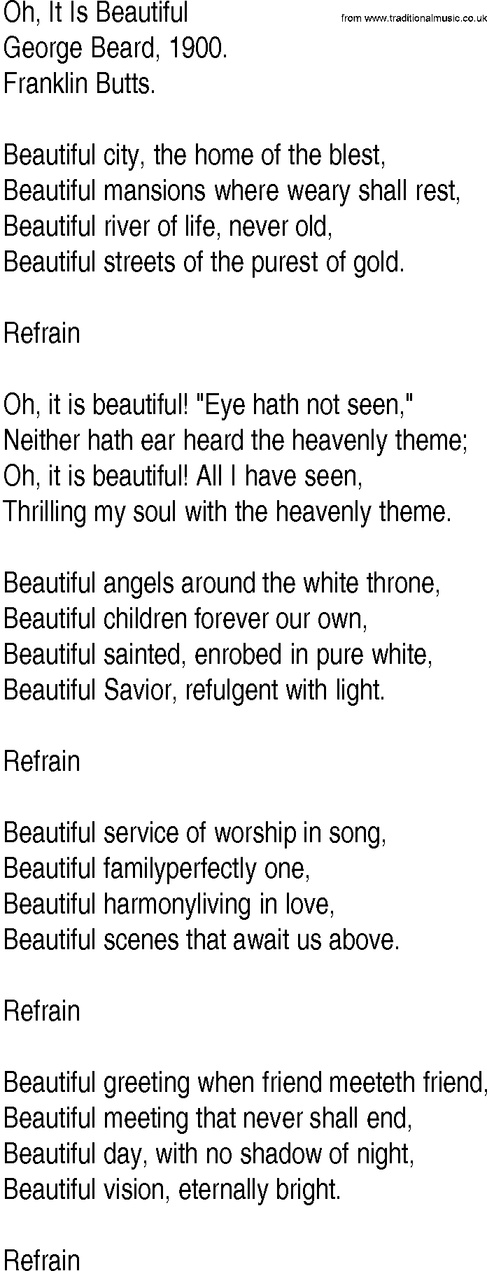 Hymn and Gospel Song: Oh, It Is Beautiful by George Beard lyrics