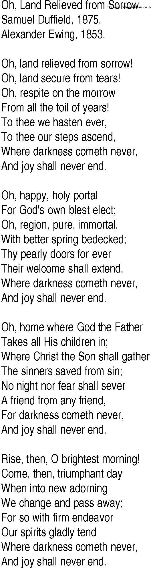 Hymn and Gospel Song: Oh, Land Relieved from Sorrow by Samuel Duffield lyrics