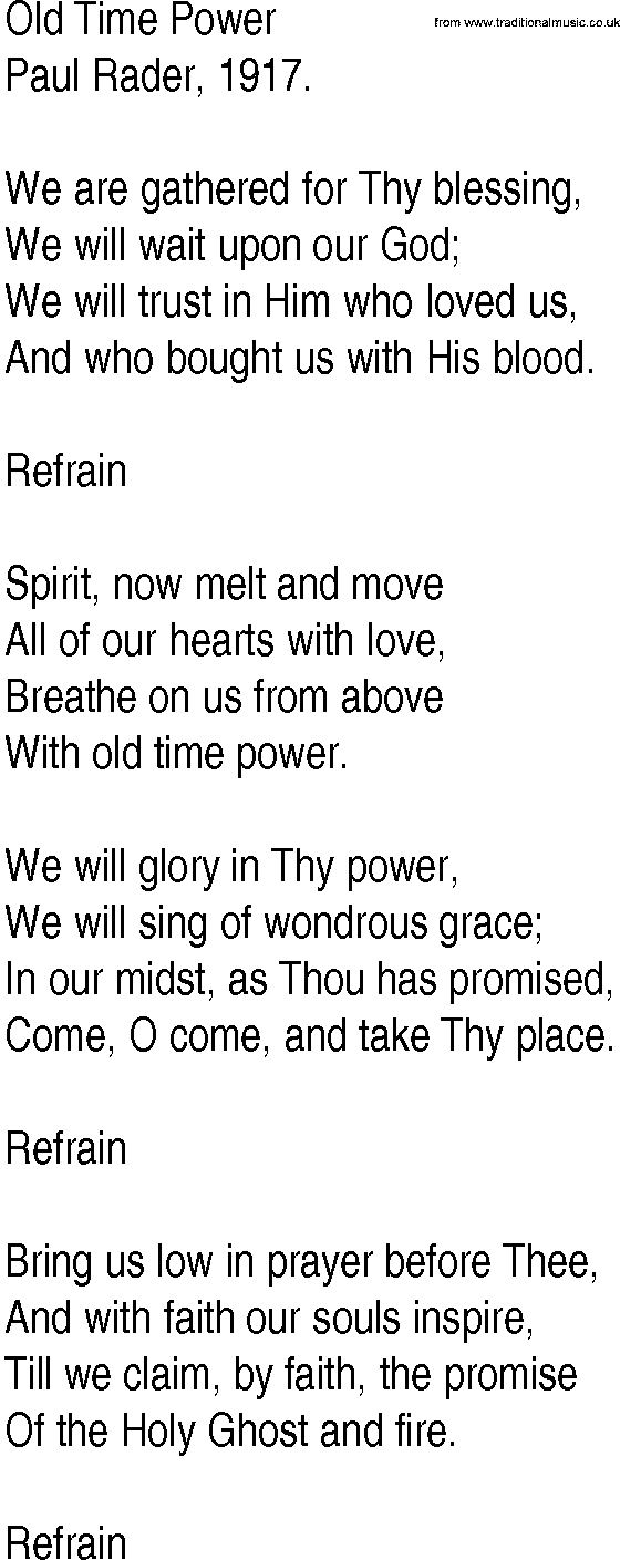 Hymn and Gospel Song: Old Time Power by Paul Rader lyrics