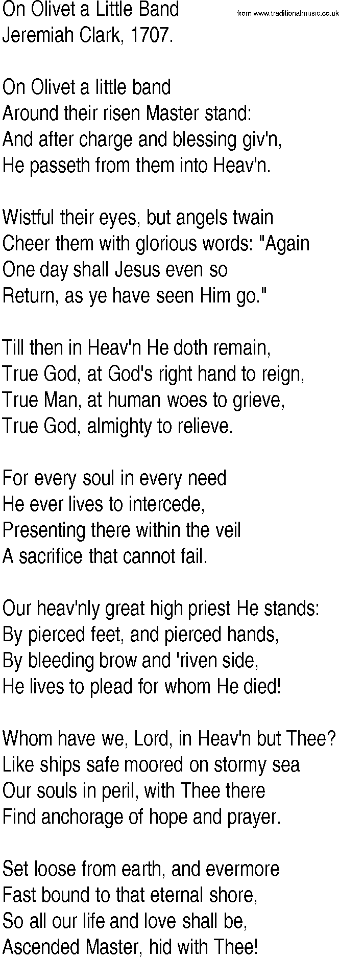 Hymn and Gospel Song: On Olivet a Little Band by Jeremiah Clark lyrics