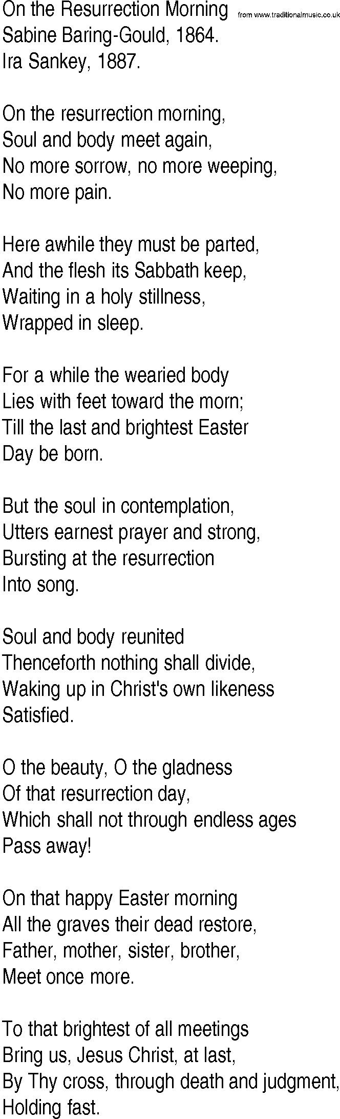Hymn and Gospel Song: On the Resurrection Morning by Sabine BaringGould lyrics