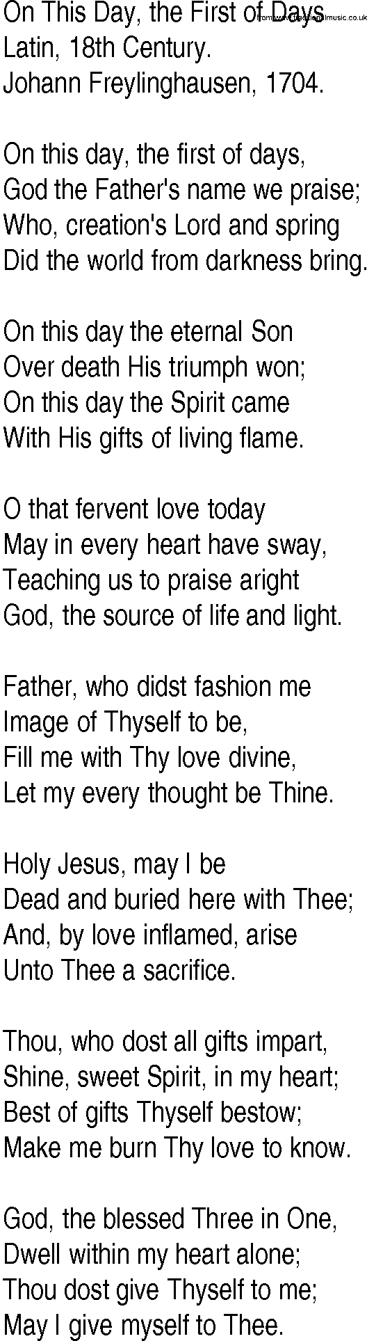 Hymn and Gospel Song: On This Day, the First of Days by Latin th Century lyrics