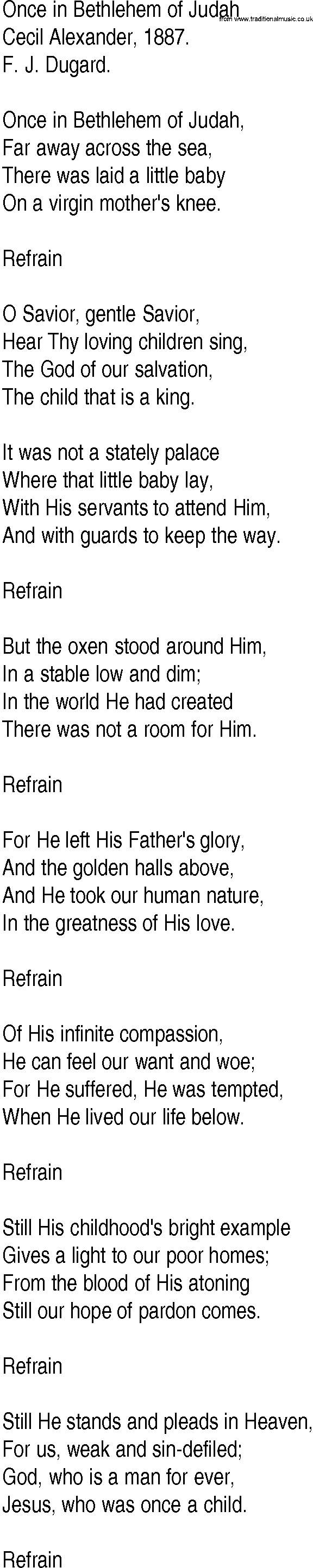 Hymn and Gospel Song: Once in Bethlehem of Judah by Cecil Alexander lyrics