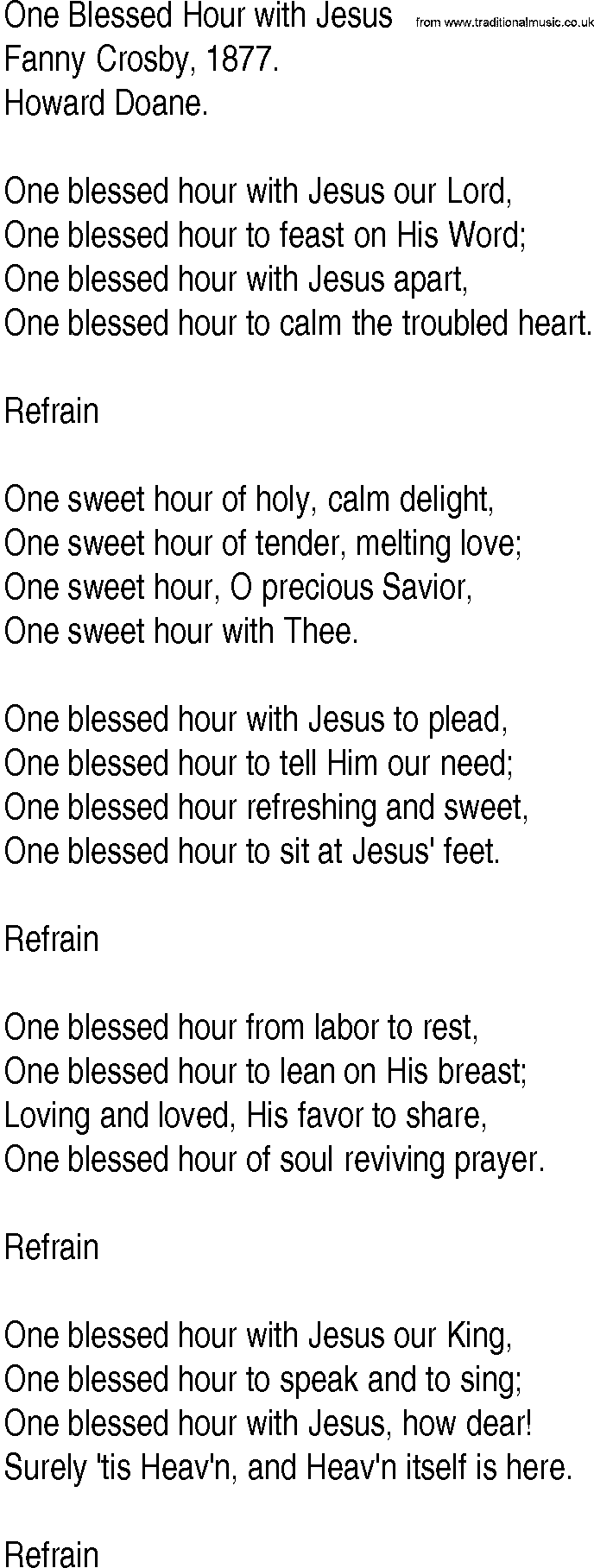 Hymn and Gospel Song: One Blessed Hour with Jesus by Fanny Crosby lyrics