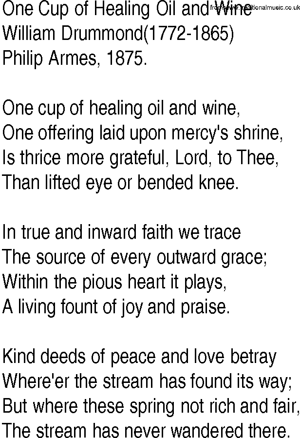Hymn and Gospel Song: One Cup of Healing Oil and Wine by William Drummond lyrics
