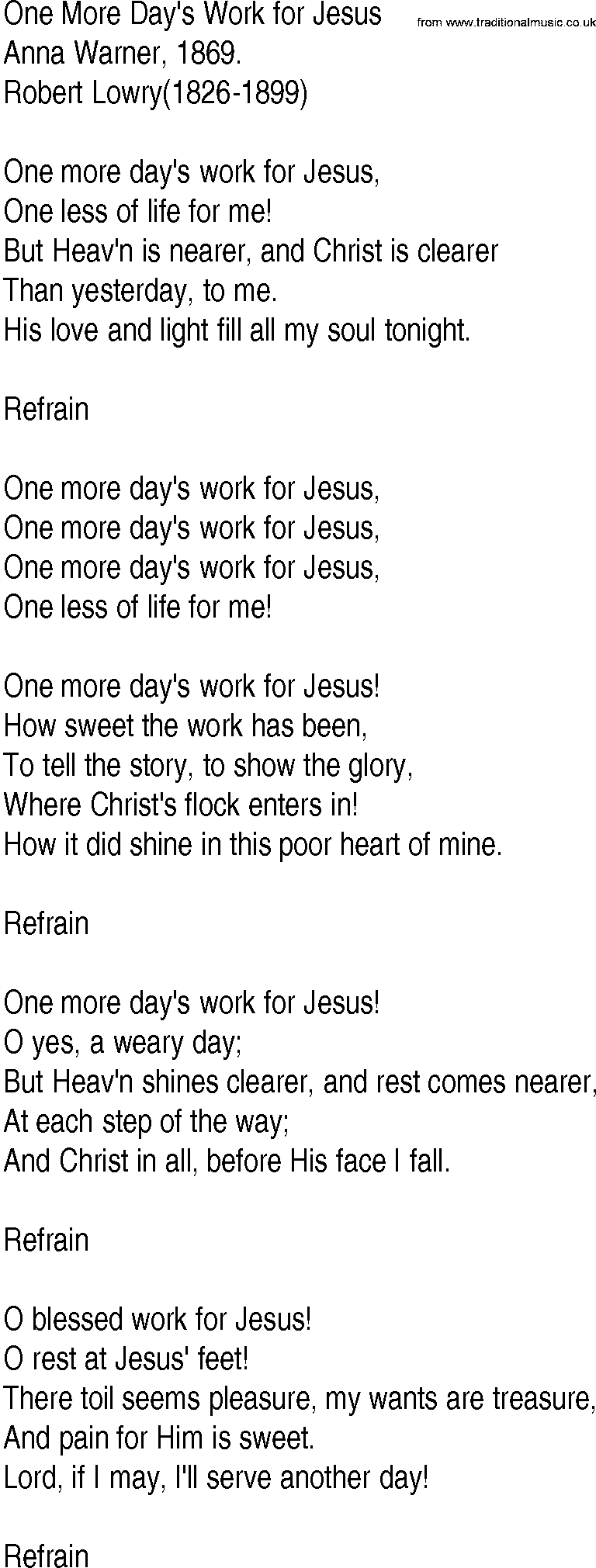 Hymn and Gospel Song: One More Day's Work for Jesus by Anna Warner lyrics