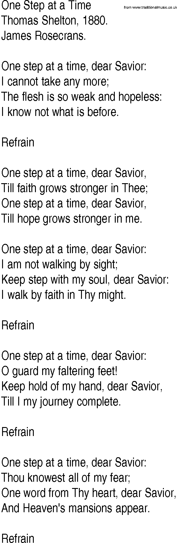 Hymn and Gospel Song: One Step at a Time by Thomas Shelton lyrics