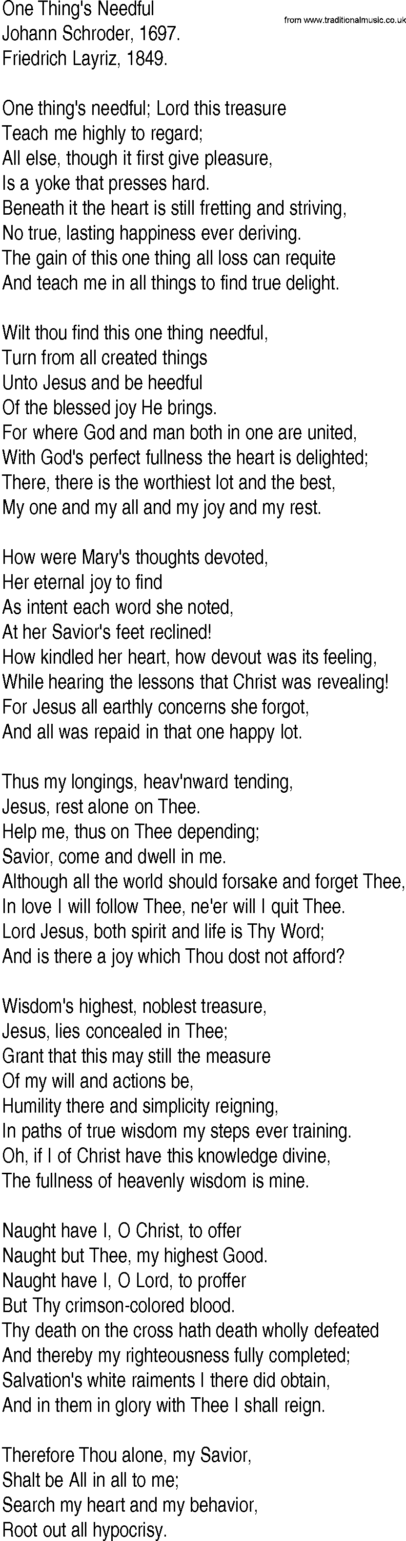 Hymn and Gospel Song: One Thing's Needful by Johann Schroder lyrics