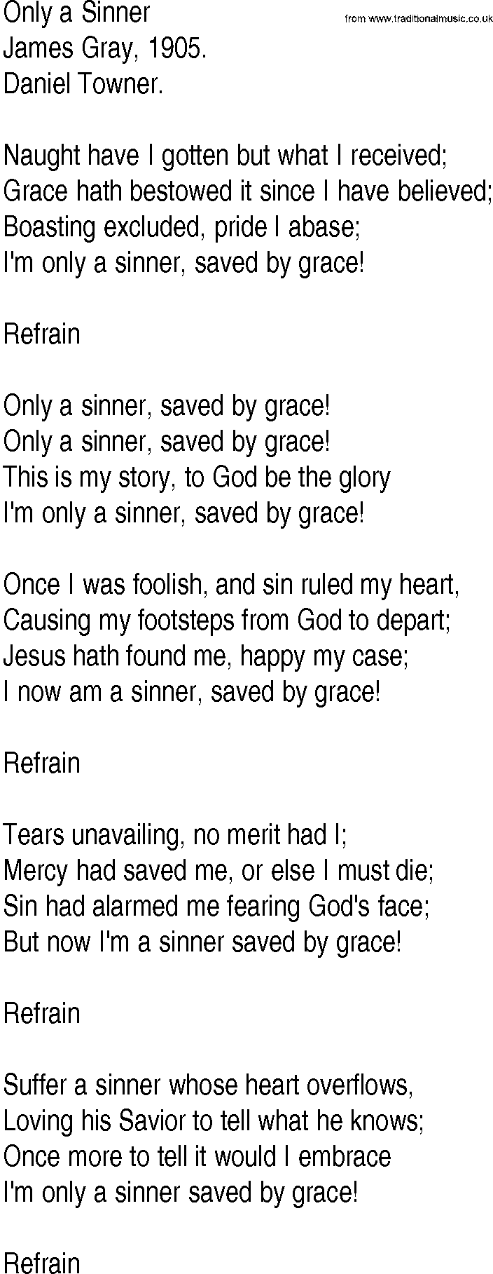 Hymn and Gospel Song: Only a Sinner by James Gray lyrics