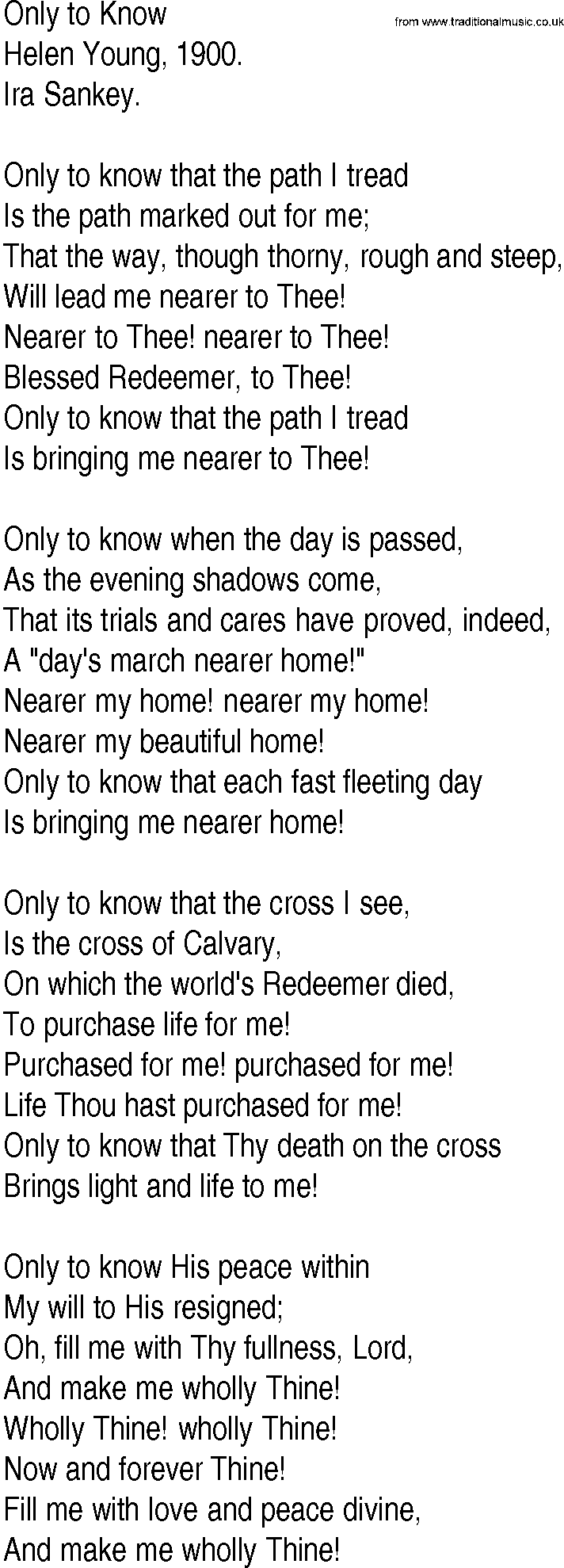 Hymn and Gospel Song: Only to Know by Helen Young lyrics