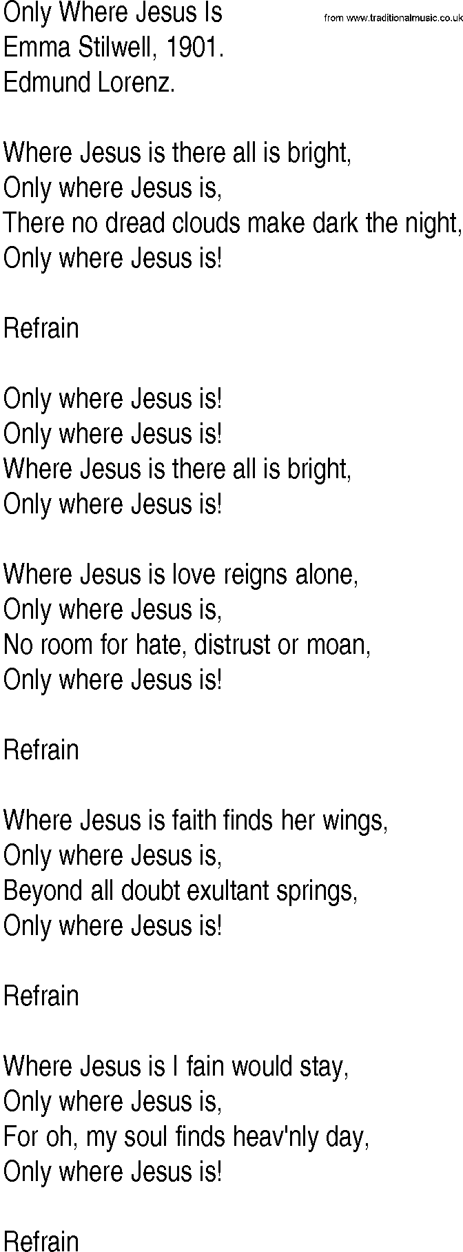 Hymn and Gospel Song: Only Where Jesus Is by Emma Stilwell lyrics