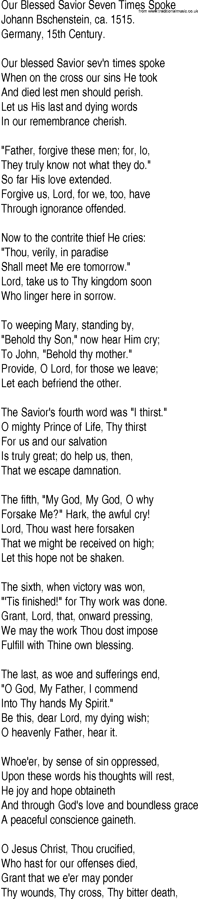 Hymn and Gospel Song: Our Blessed Savior Seven Times Spoke by Johann Beschenstein ca lyrics