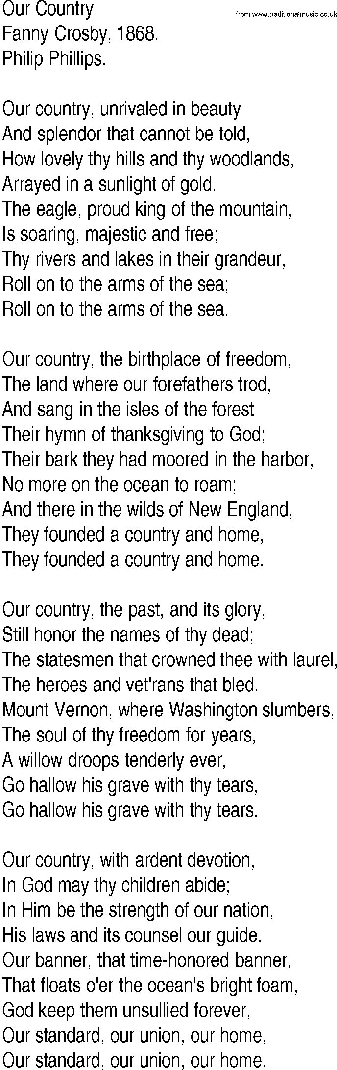 Hymn and Gospel Song: Our Country by Fanny Crosby lyrics