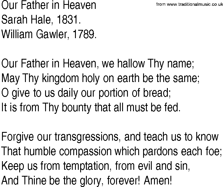 Hymn and Gospel Song: Our Father in Heaven by Sarah Hale lyrics