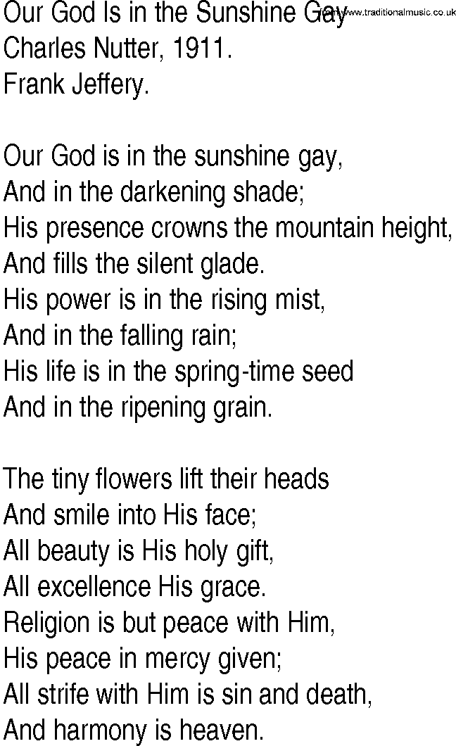 Hymn and Gospel Song: Our God Is in the Sunshine Gay by Charles Nutter lyrics