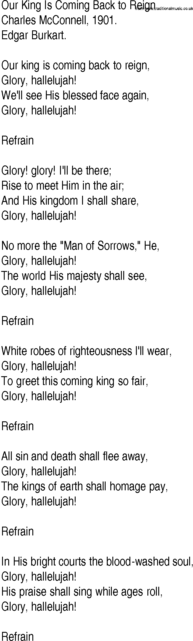 Hymn and Gospel Song: Our King Is Coming Back to Reign by Charles McConnell lyrics