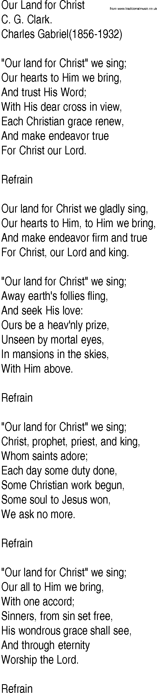Hymn and Gospel Song: Our Land for Christ by C G Clark lyrics
