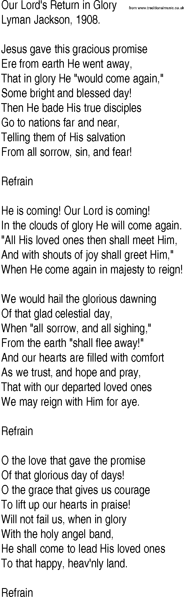 Hymn and Gospel Song: Our Lord's Return in Glory by Lyman Jackson lyrics