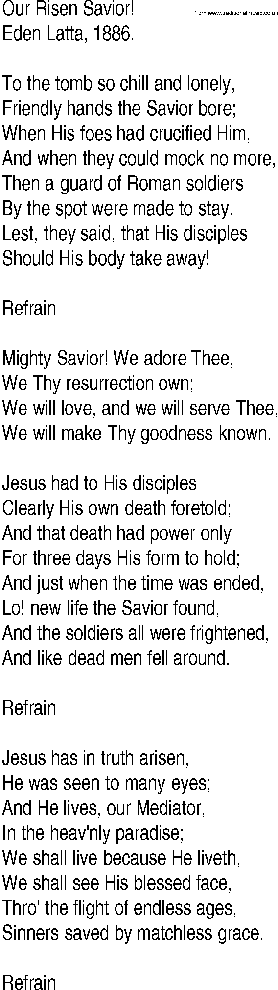 Hymn and Gospel Song: Our Risen Savior! by Eden Latta lyrics