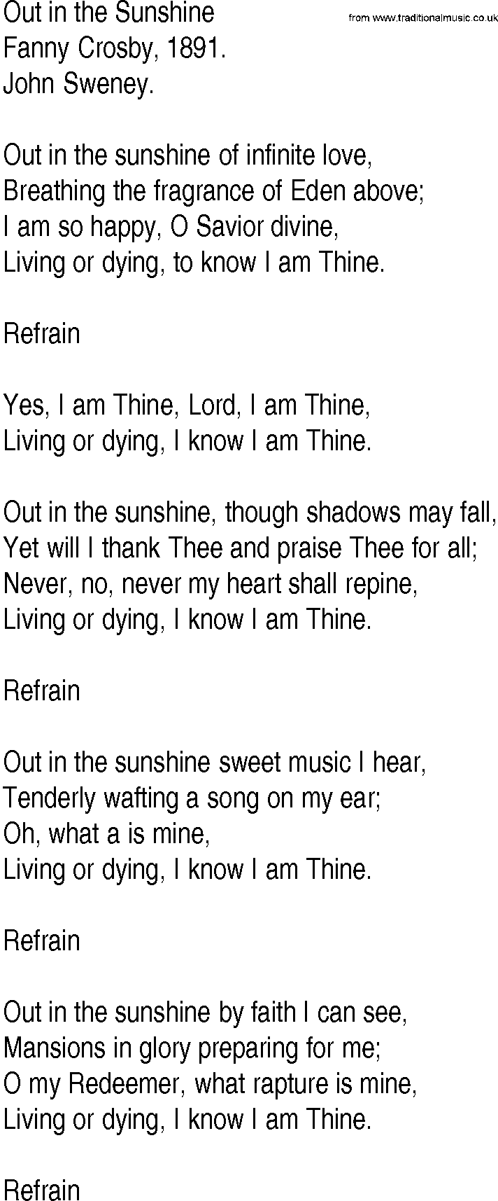 Hymn and Gospel Song: Out in the Sunshine by Fanny Crosby lyrics