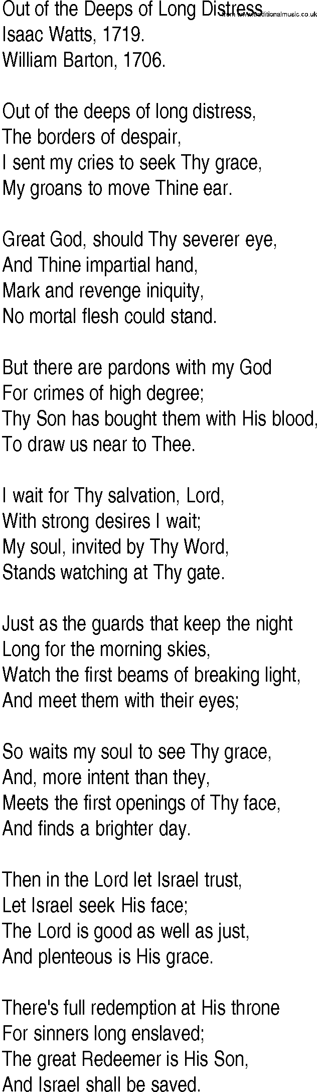 Hymn and Gospel Song: Out of the Deeps of Long Distress by Isaac Watts lyrics