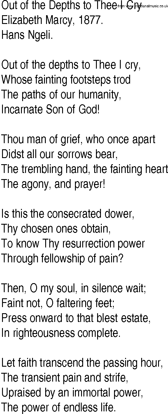 Hymn and Gospel Song: Out of the Depths to Thee I Cry by Elizabeth Marcy lyrics