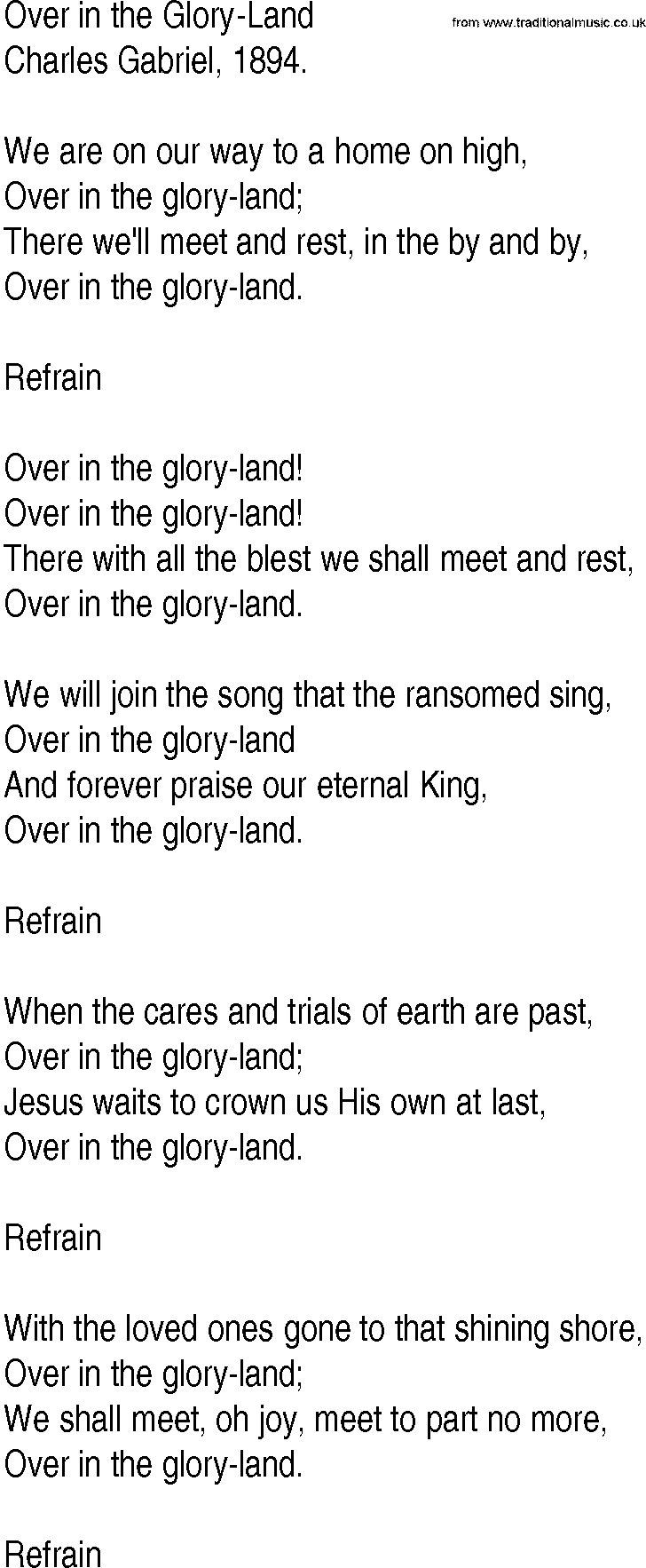 Hymn and Gospel Song: Over in the Glory-Land by Charles Gabriel lyrics