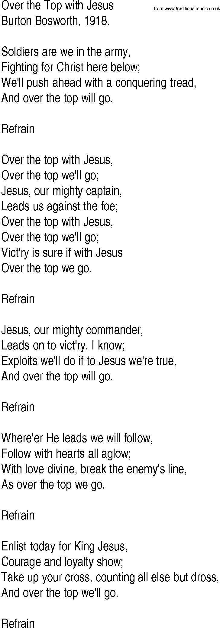 Hymn and Gospel Song: Over the Top with Jesus by Burton Bosworth lyrics