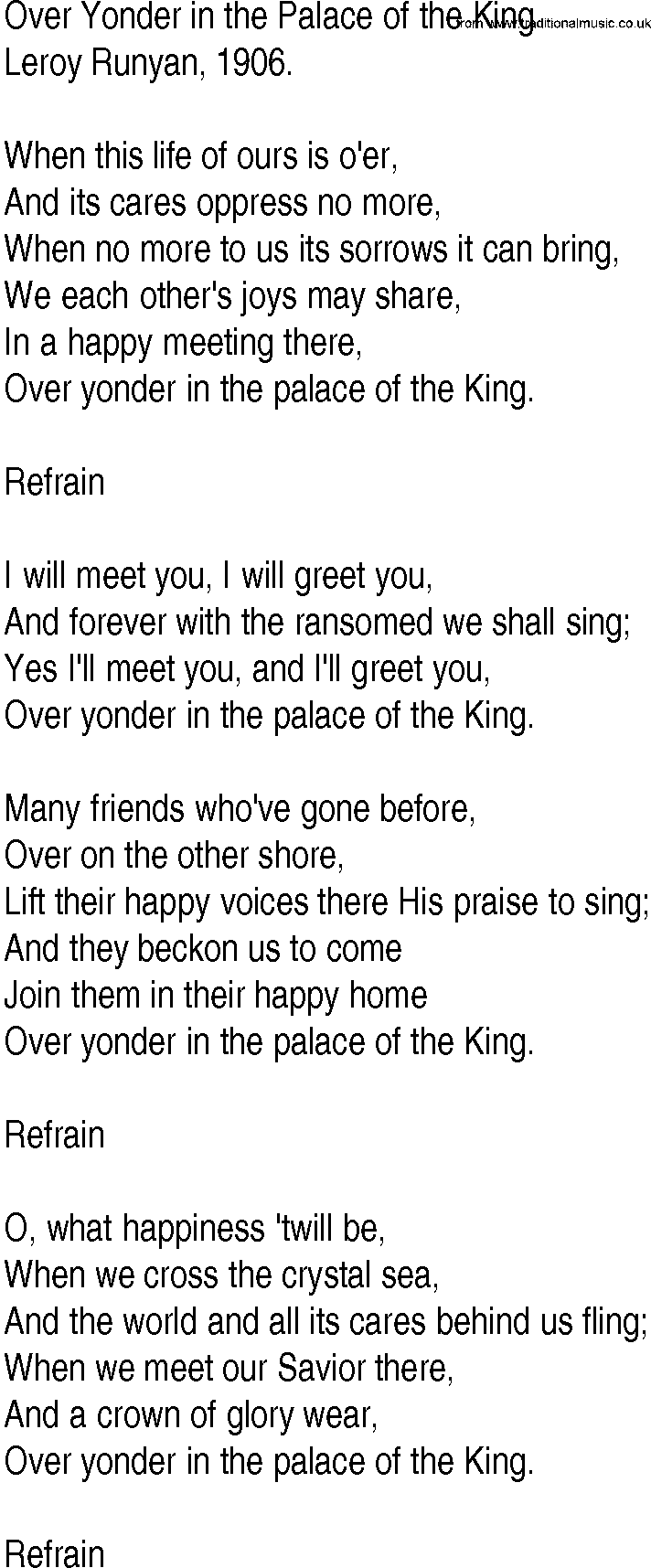 Hymn and Gospel Song: Over Yonder in the Palace of the King by Leroy Runyan lyrics
