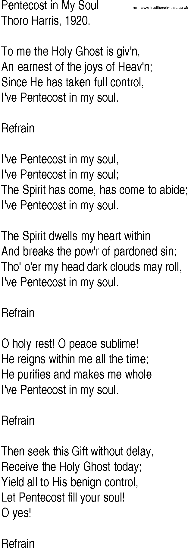 Hymn and Gospel Song: Pentecost in My Soul by Thoro Harris lyrics